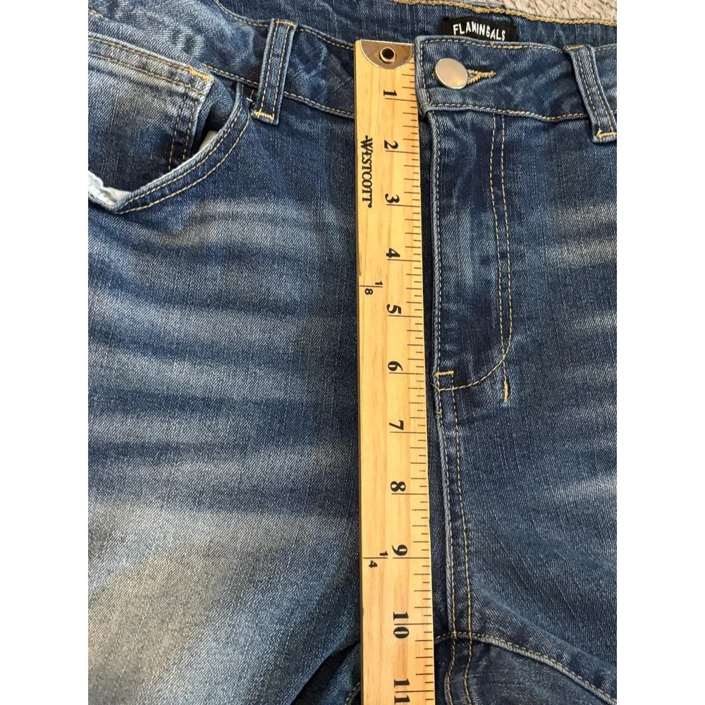 Flamingals Flare Leg Jeans Womens Size L Blue Denim Flap Pocket High Rise